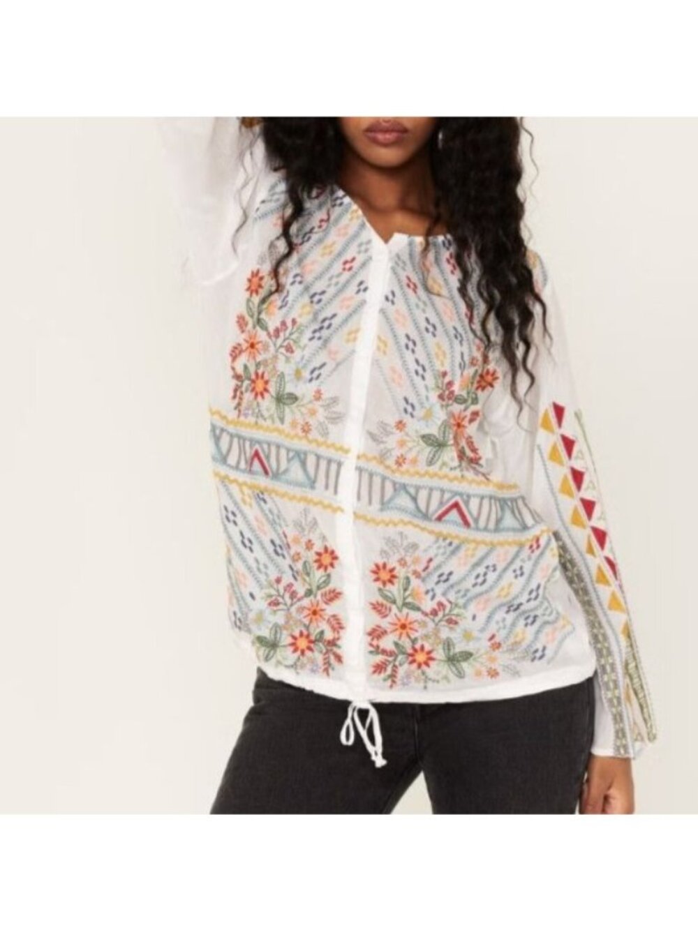Johnny Was Ezra Embroidered White Blouse XL With Floral & Geometric Details
